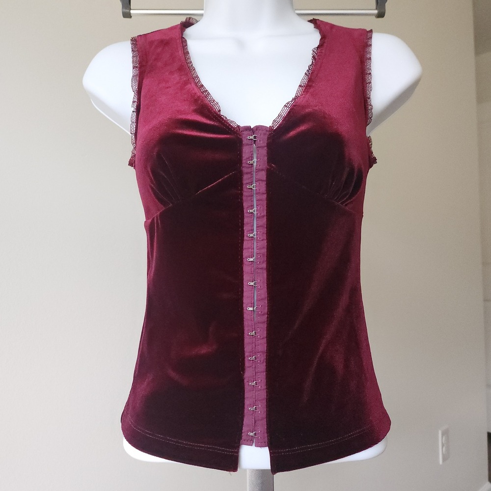 Vintage 90s Vampy Whimsigoth Velvet Bustier Corset Burgundy Hook Eye Lace Small